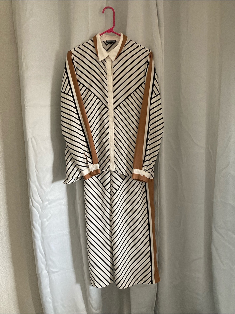 Striped Satin Two-Piece Set with Tan Trim